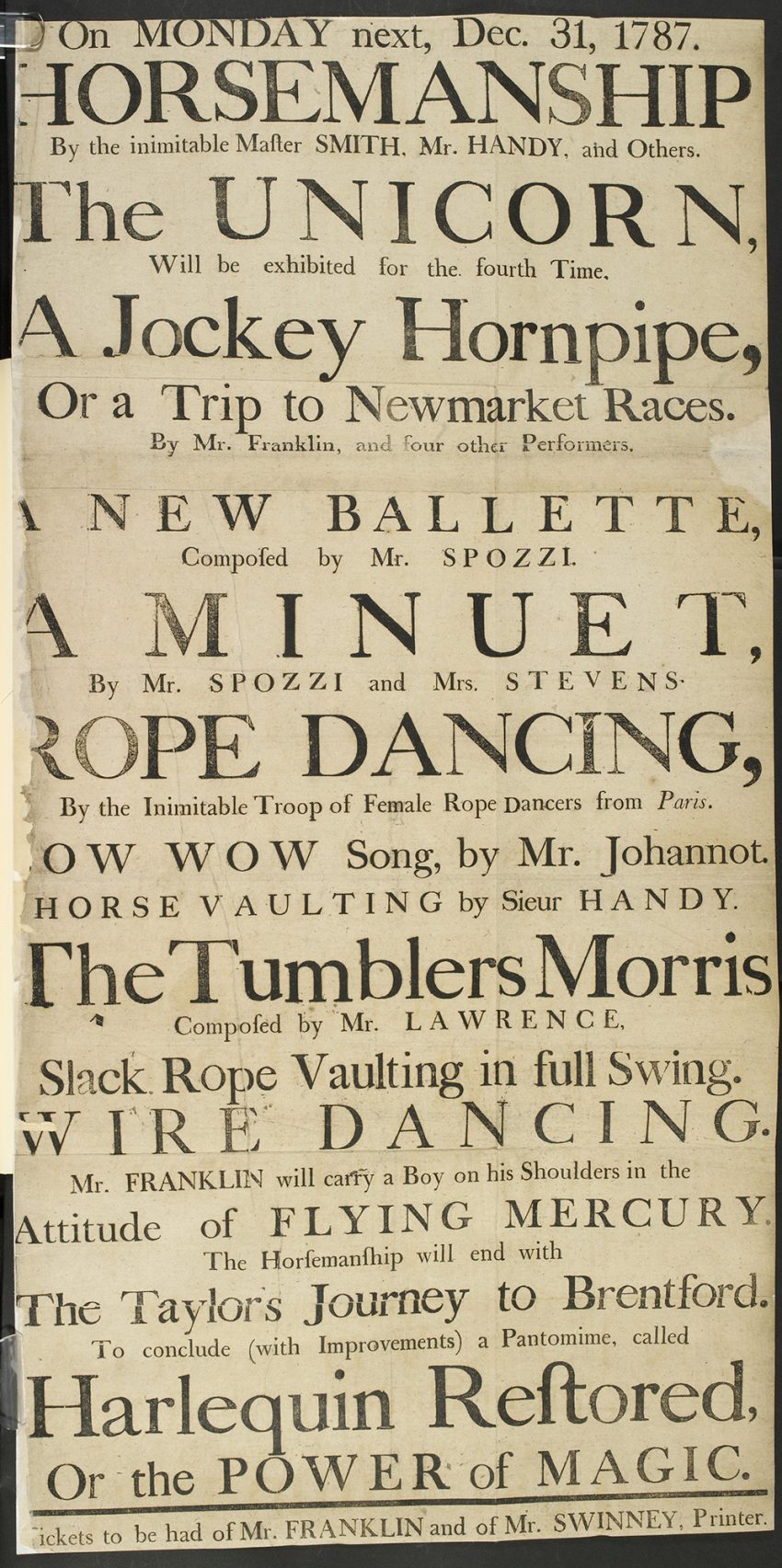 1787 Poster advertising a variety of theatre entertainments 1787