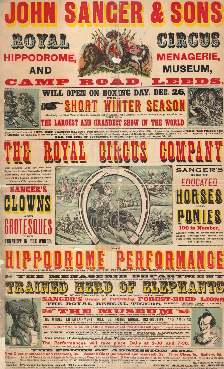 1894 wood type poster The Royal Circus Company Joh Sanger and Sons Leeds